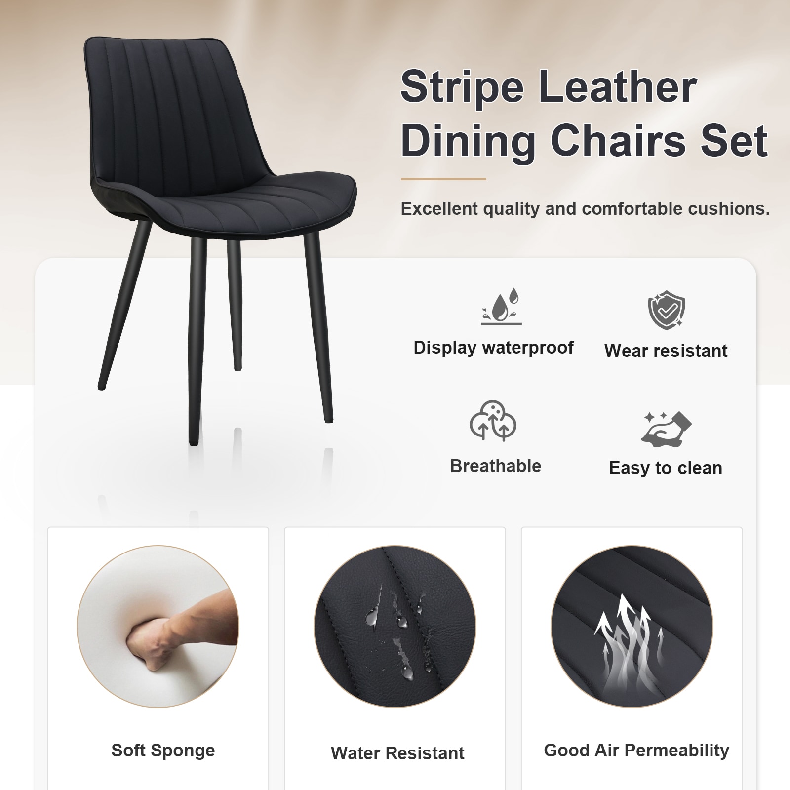 Black PU Leather Dining Chair With Metal Legs, Wave Pattern Upholstered Armless Chair Set Of 6 For Kitchen, Restaurant, Living, Meeting Room_maomaolike.com
